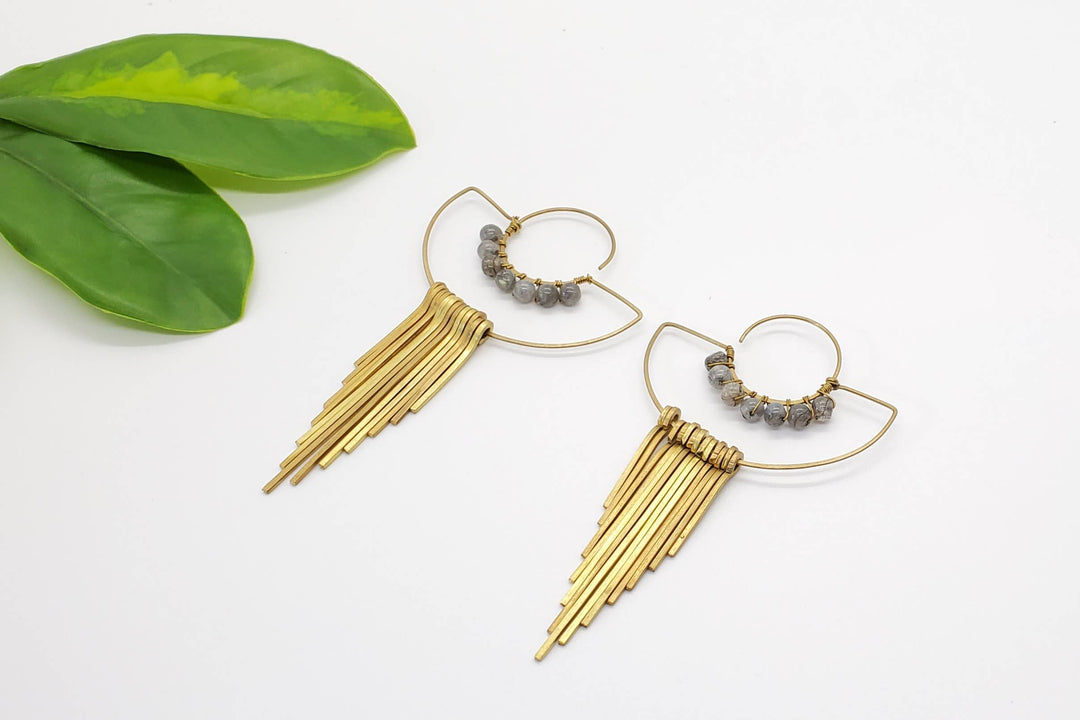 Brass Fringe Earrings Gray