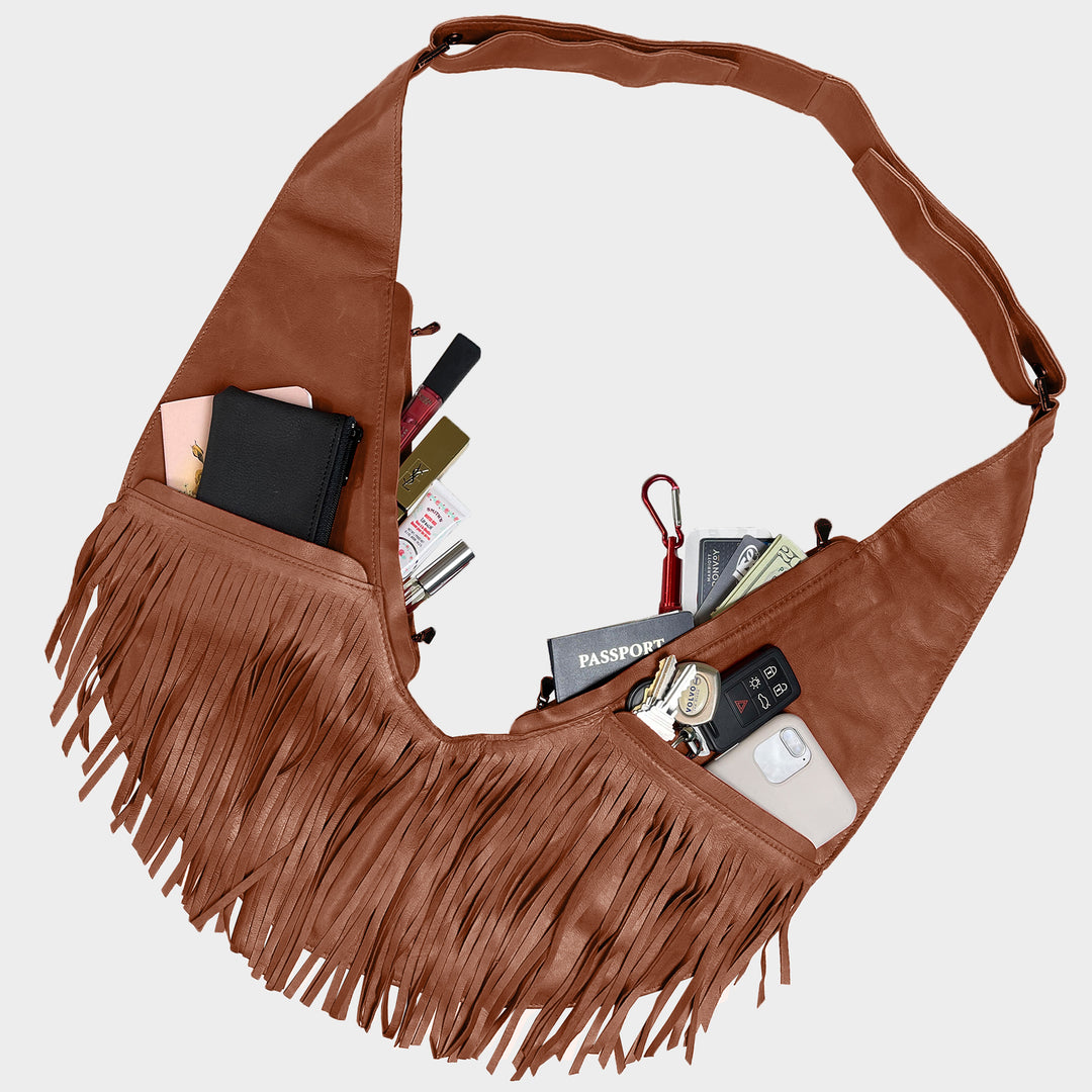 Brown Extra Leather Fringe Sash Bag*
