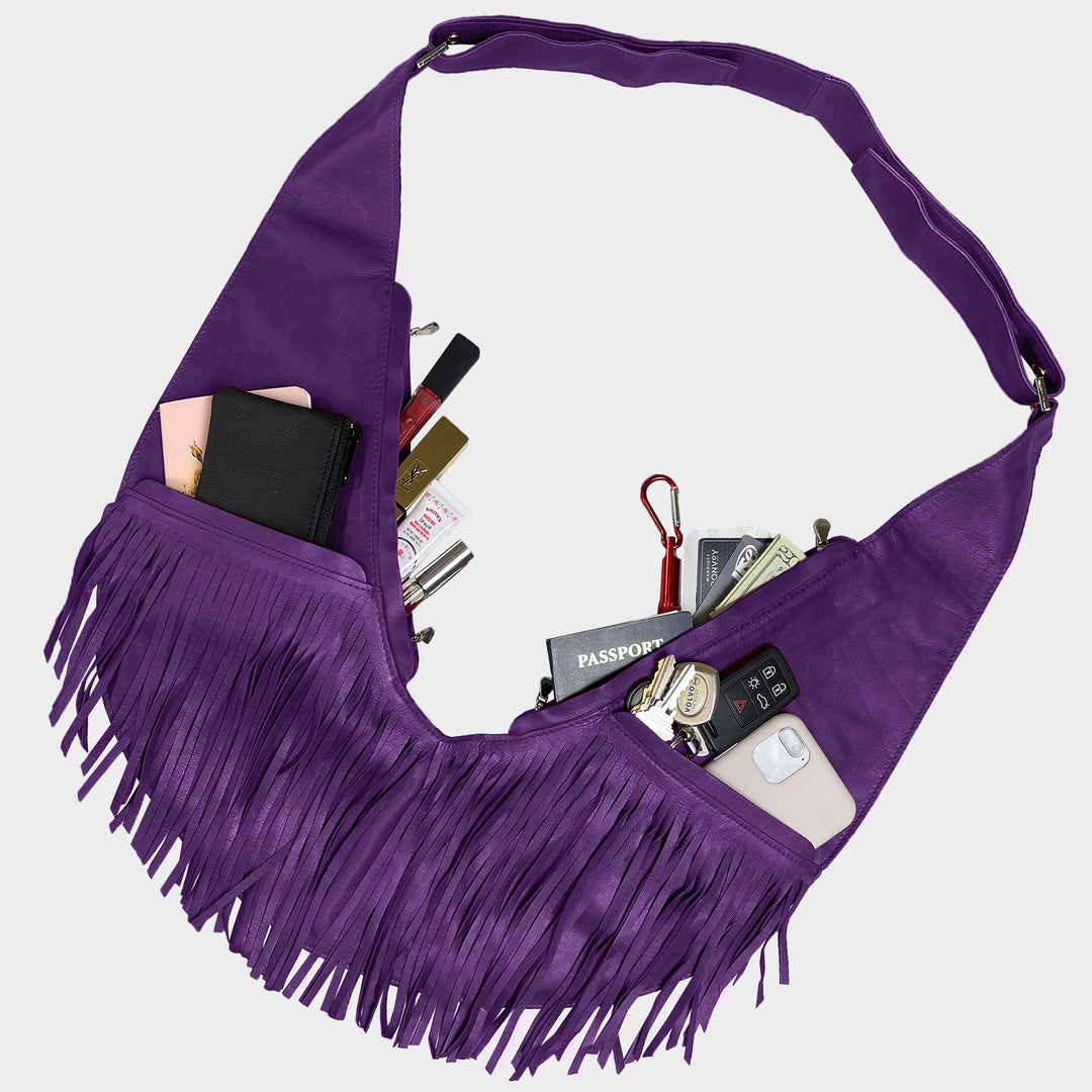 Royal Purple Extra Leather Fringe Sash Bag*