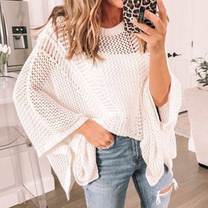 Ladies Bat Sleeves Hollow Out Knit Blouse 22065