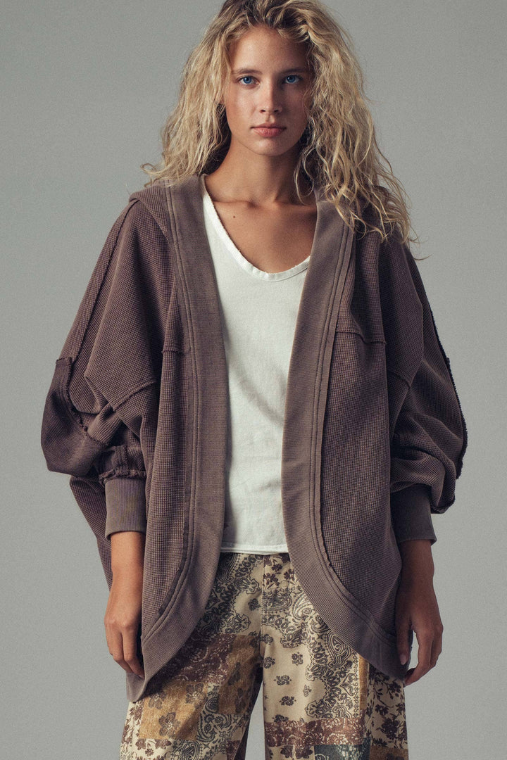 Brown Washed Waffle Knit Hooded Cardigan