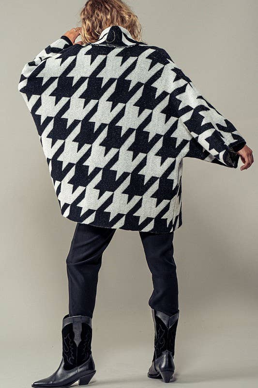 Oversized Houndstooth Pattern Open Knit Kimono Cardigan