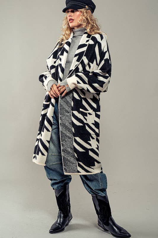 Exaggerated Houndstooth Open Front Knit Cardigan