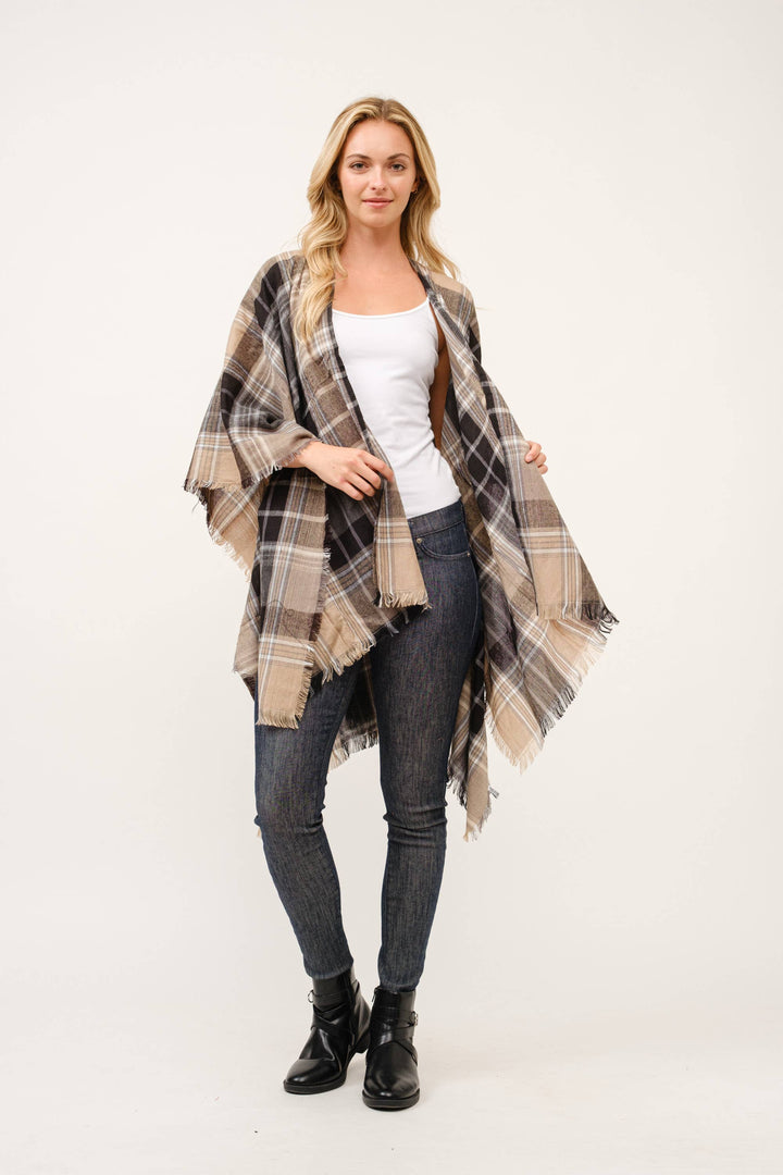 Autumn Plaid Fringe Poncho Kimono Ruana