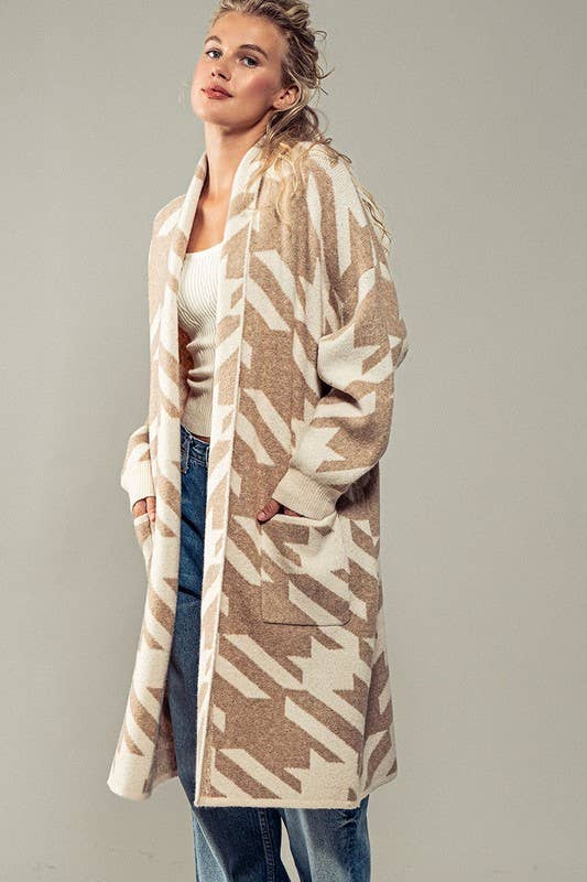 Exaggerated Houndstooth Open Front Knit Cardigan