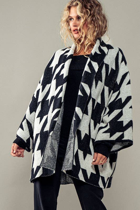 Oversized Houndstooth Pattern Open Knit Kimono Cardigan