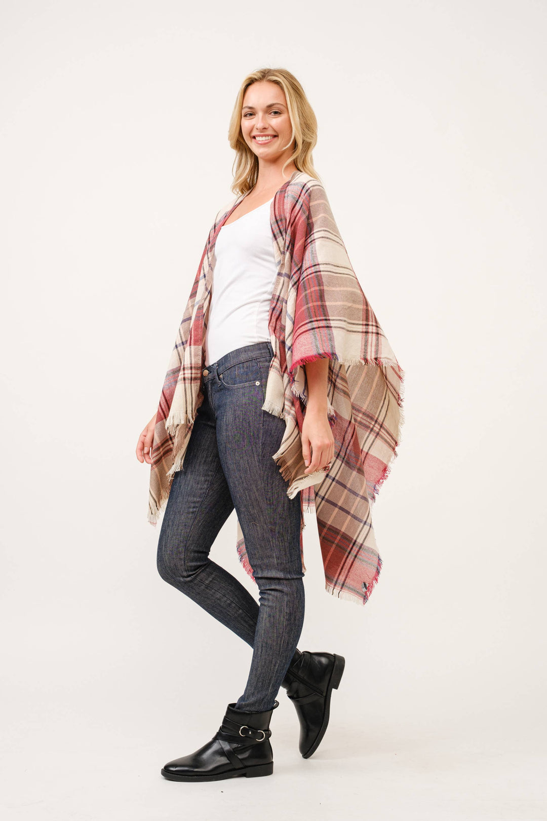 Autumn Plaid Fringe Poncho Kimono Ruana