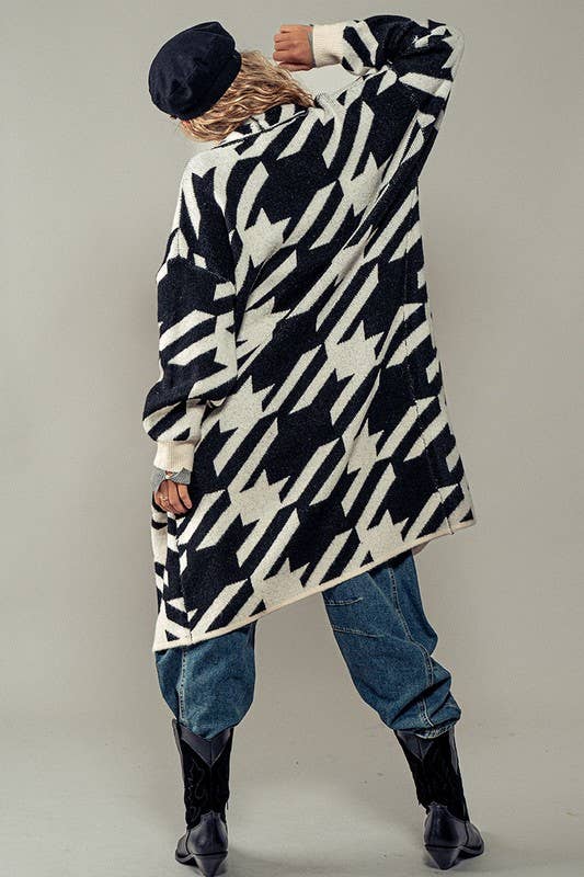 Exaggerated Houndstooth Open Front Knit Cardigan