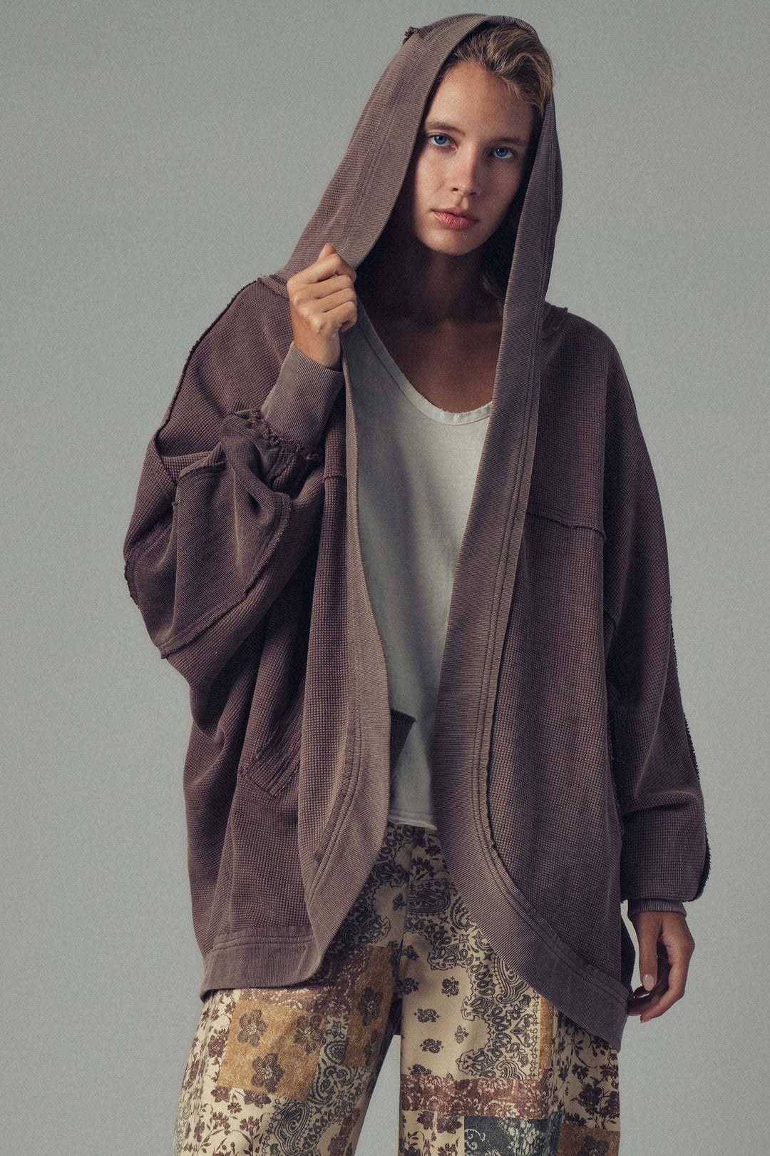 Brown Washed Waffle Knit Hooded Cardigan