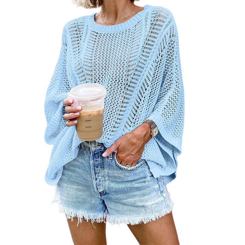 Ladies Bat Sleeves Hollow Out Knit Blouse 22065
