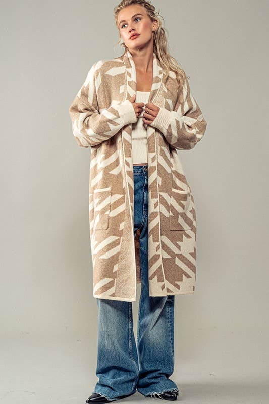 Exaggerated Houndstooth Open Front Knit Cardigan