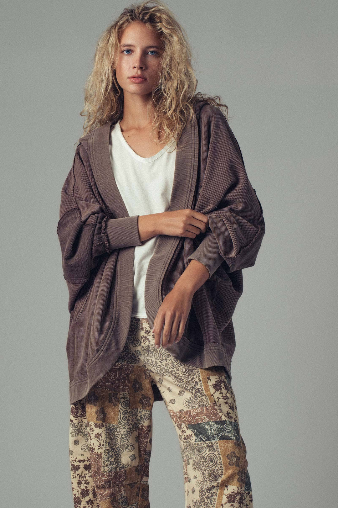 Brown Washed Waffle Knit Hooded Cardigan