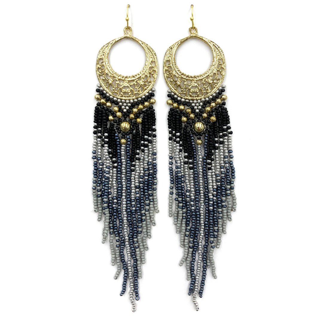Crescent Flowers Chandelier Fringe Long Seed Bead Earrings
