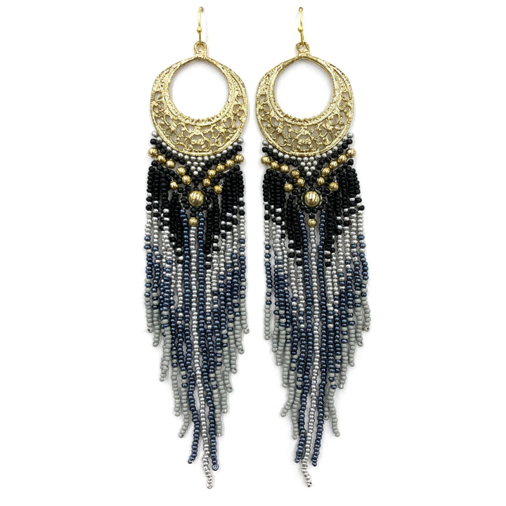 Crescent Flowers Chandelier Fringe Long Seed Bead Earrings