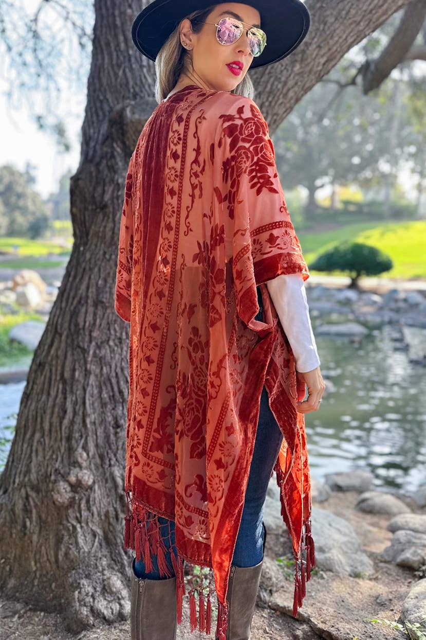 Rust Floral Burnout Kimono