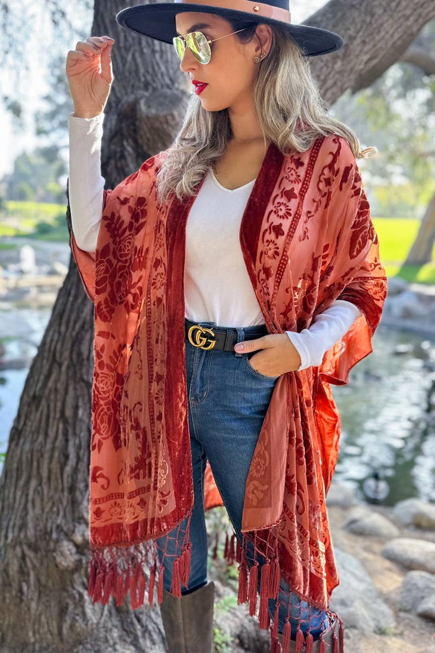 Rust Floral Burnout Kimono