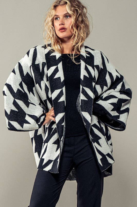 Oversized Houndstooth Pattern Open Knit Kimono Cardigan