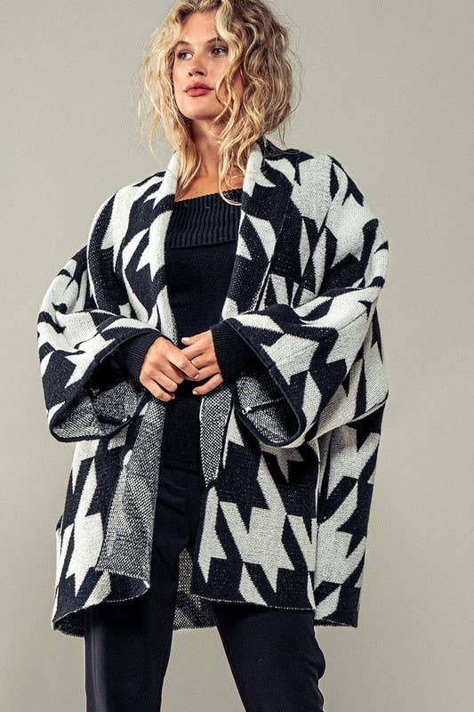 Oversized Houndstooth Pattern Open Knit Kimono Cardigan