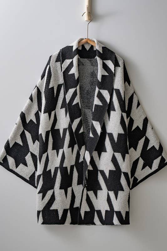 Oversized Houndstooth Pattern Open Knit Kimono Cardigan