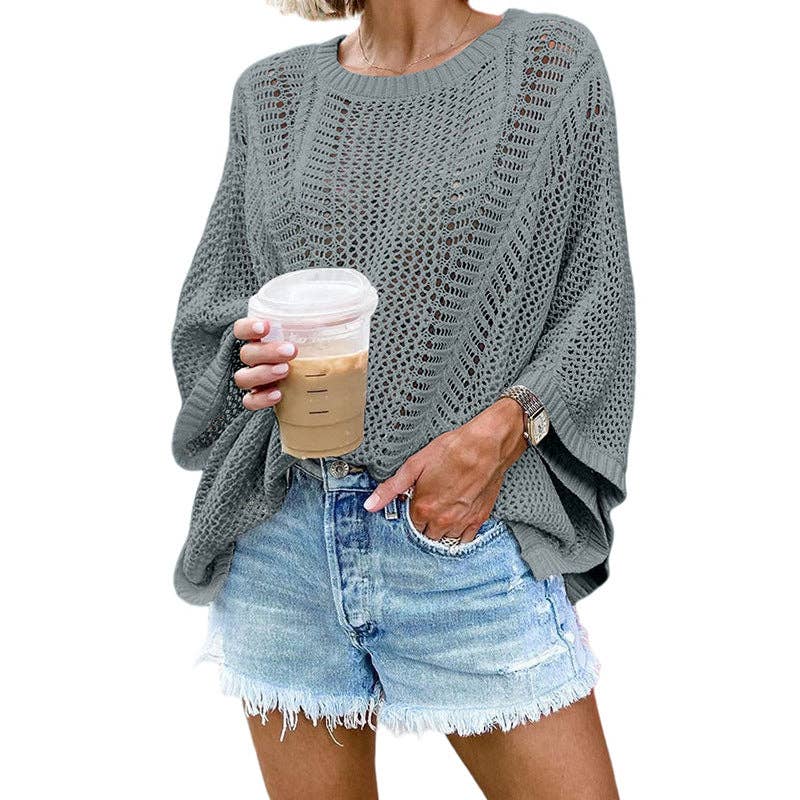 Ladies Bat Sleeves Hollow Out Knit Blouse 22065