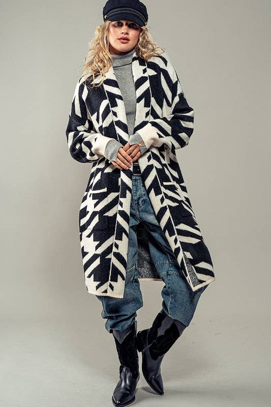 Exaggerated Houndstooth Open Front Knit Cardigan