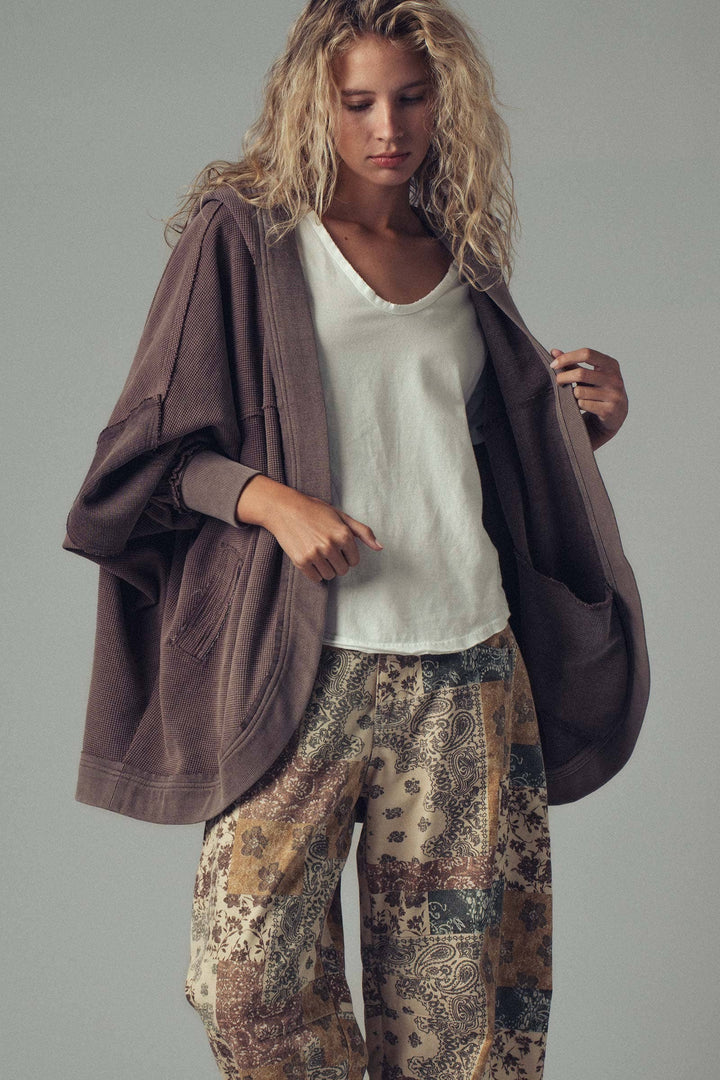 Brown Washed Waffle Knit Hooded Cardigan