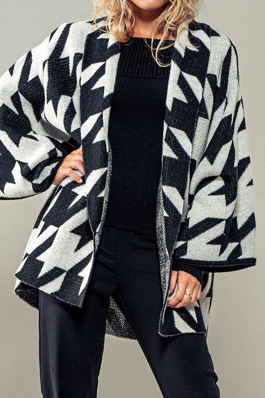 Oversized Houndstooth Pattern Open Knit Kimono Cardigan
