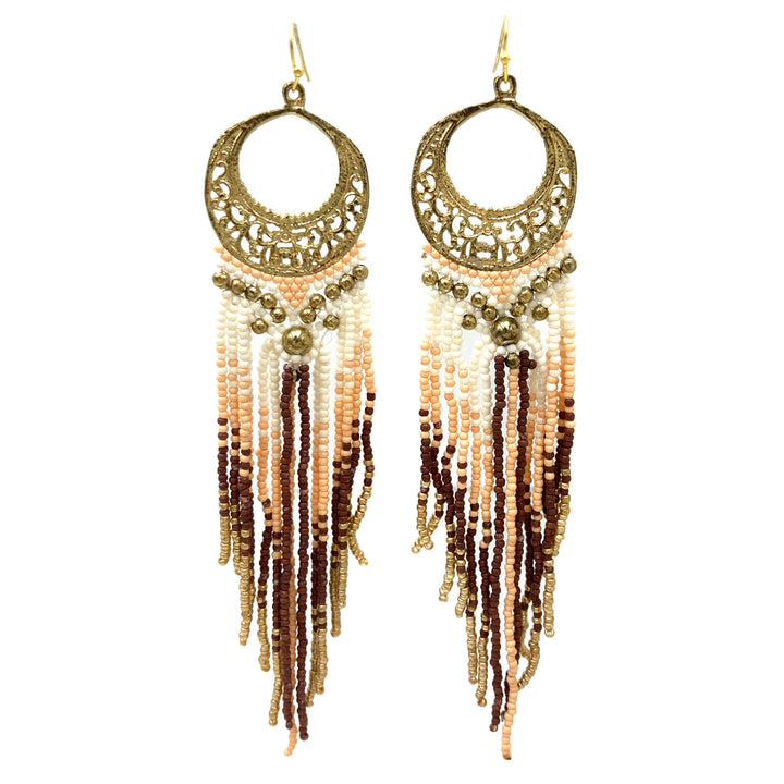 Crescent Flowers Chandelier Fringe Long Seed Bead Earrings