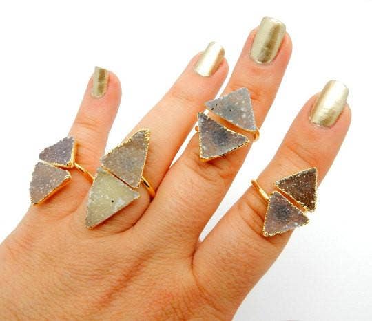 Double Triangle Druzy Ring