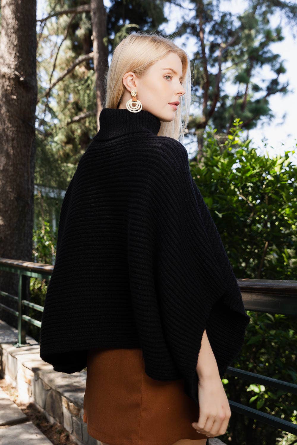 Turtleneck Ribbed Knit Poncho