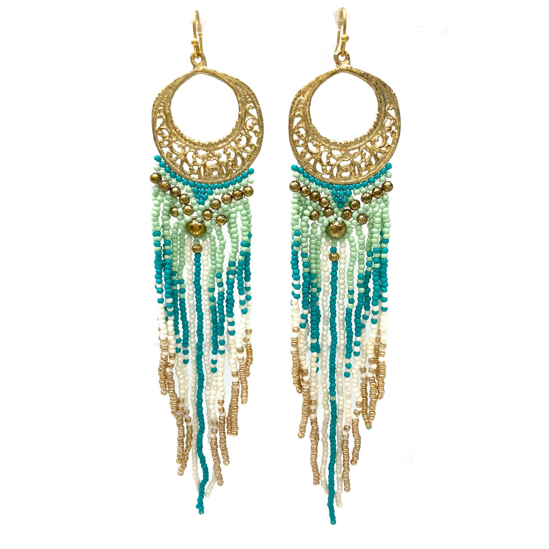 Crescent Flowers Chandelier Fringe Long Seed Bead Earrings