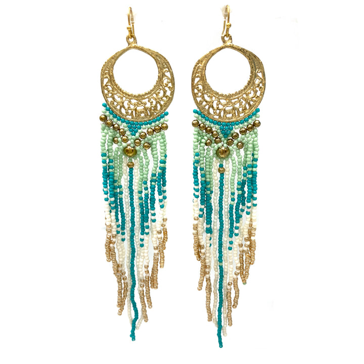 Crescent Flowers Chandelier Fringe Long Seed Bead Earrings