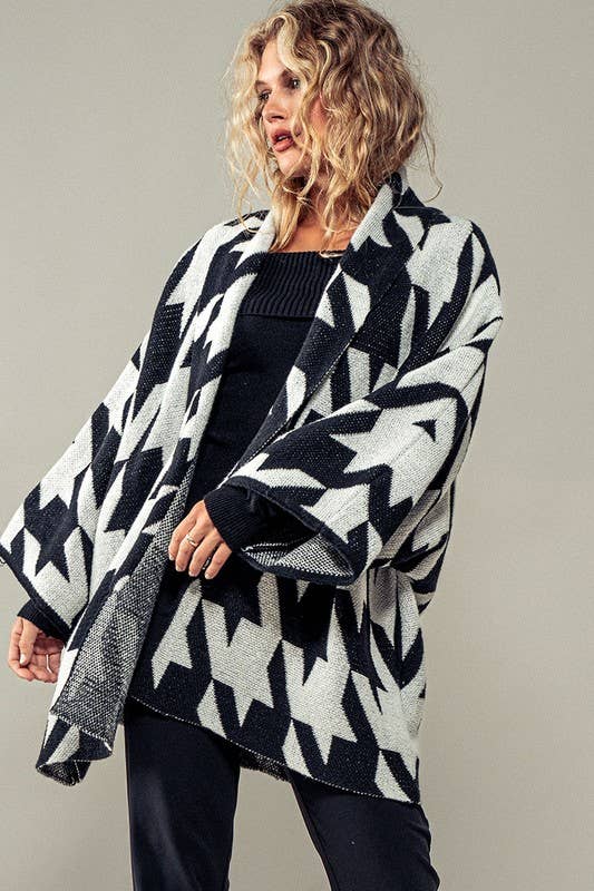 Oversized Houndstooth Pattern Open Knit Kimono Cardigan
