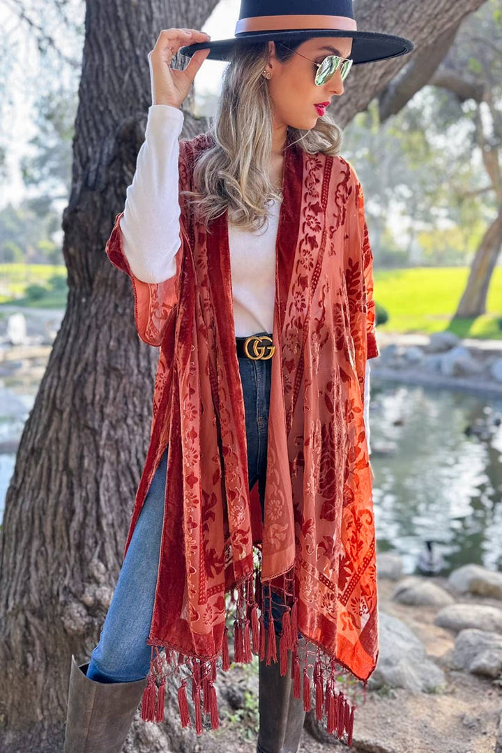 Rust Floral Burnout Kimono