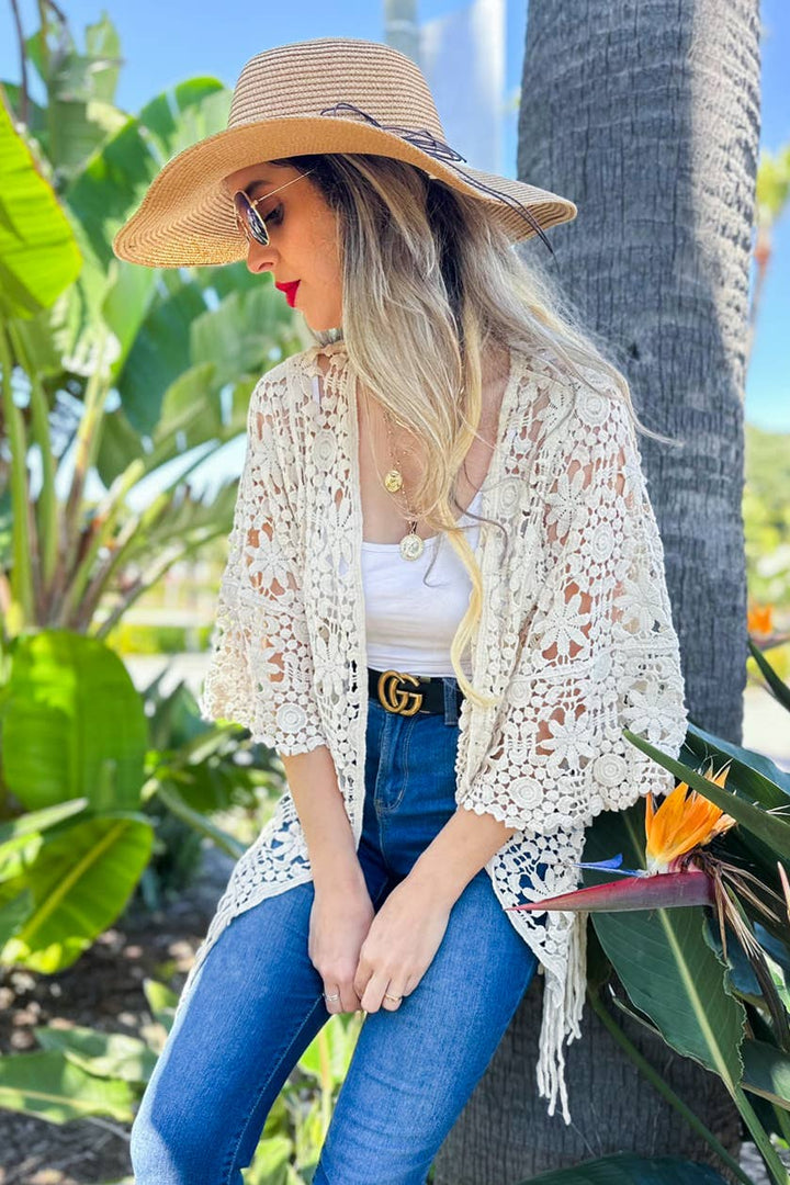 Ivory Floral Crochet Kimono