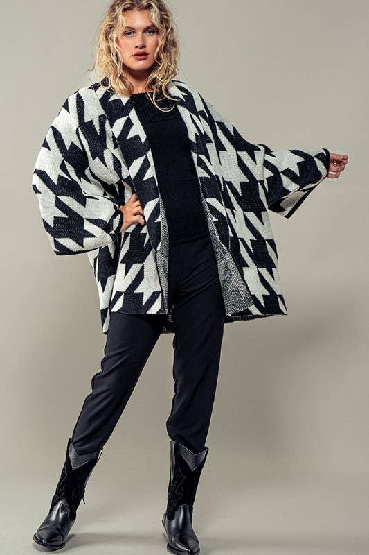 Oversized Houndstooth Pattern Open Knit Kimono Cardigan