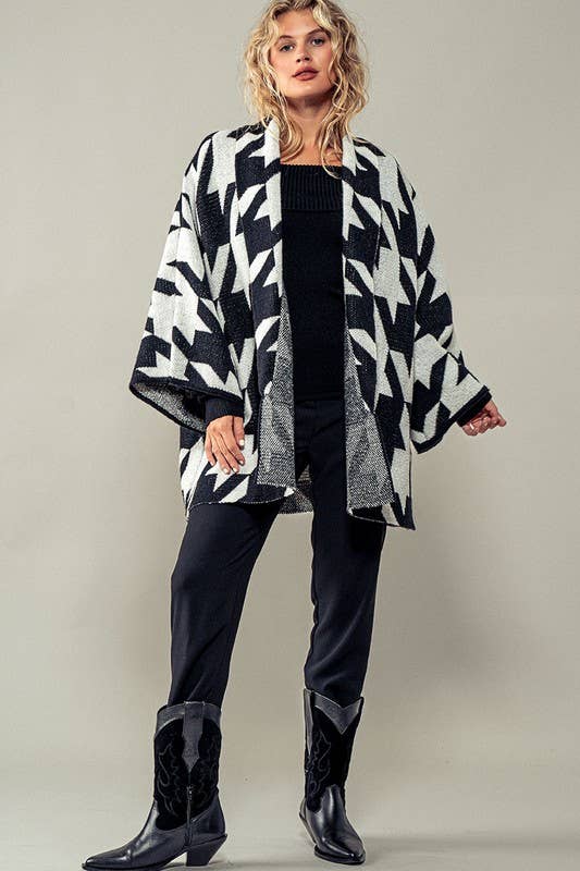 Oversized Houndstooth Pattern Open Knit Kimono Cardigan
