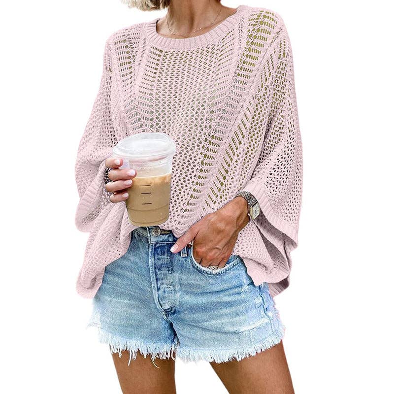 Ladies Bat Sleeves Hollow Out Knit Blouse 22065