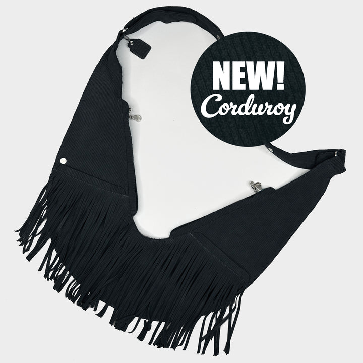 Black Fog Corduroy Fringe Sash Bag