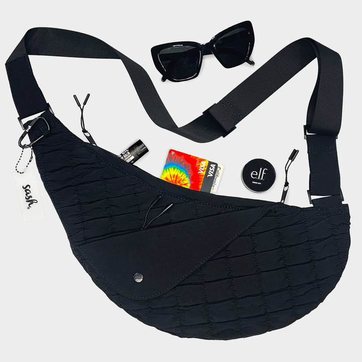 Black Quilted Nylon Half Sash Bag- Left Hip