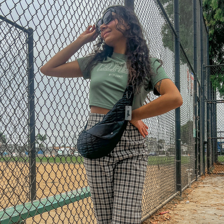 Black Quilted Nylon Half Sash Bag- Left Hip