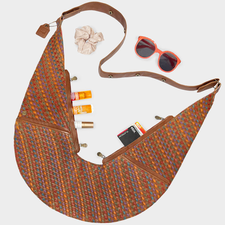 Brown Multicolor Basketweave Leather Sash Bag