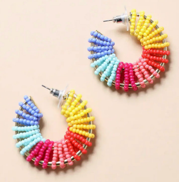 Rainbow Beaded Hoop Earrings