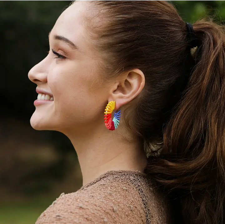 Rainbow Beaded Hoop Earrings
