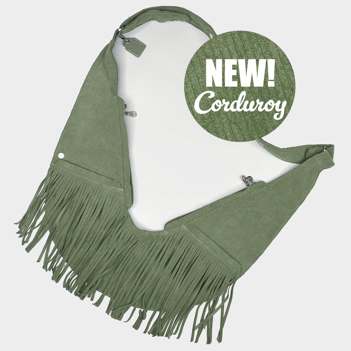 Smoky Sage Corduroy Fringe Sash Bag