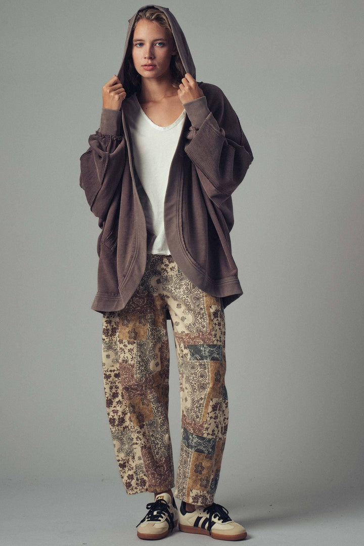 Brown Washed Waffle Knit Hooded Cardigan