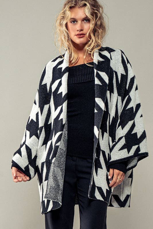 Oversized Houndstooth Pattern Open Knit Kimono Cardigan