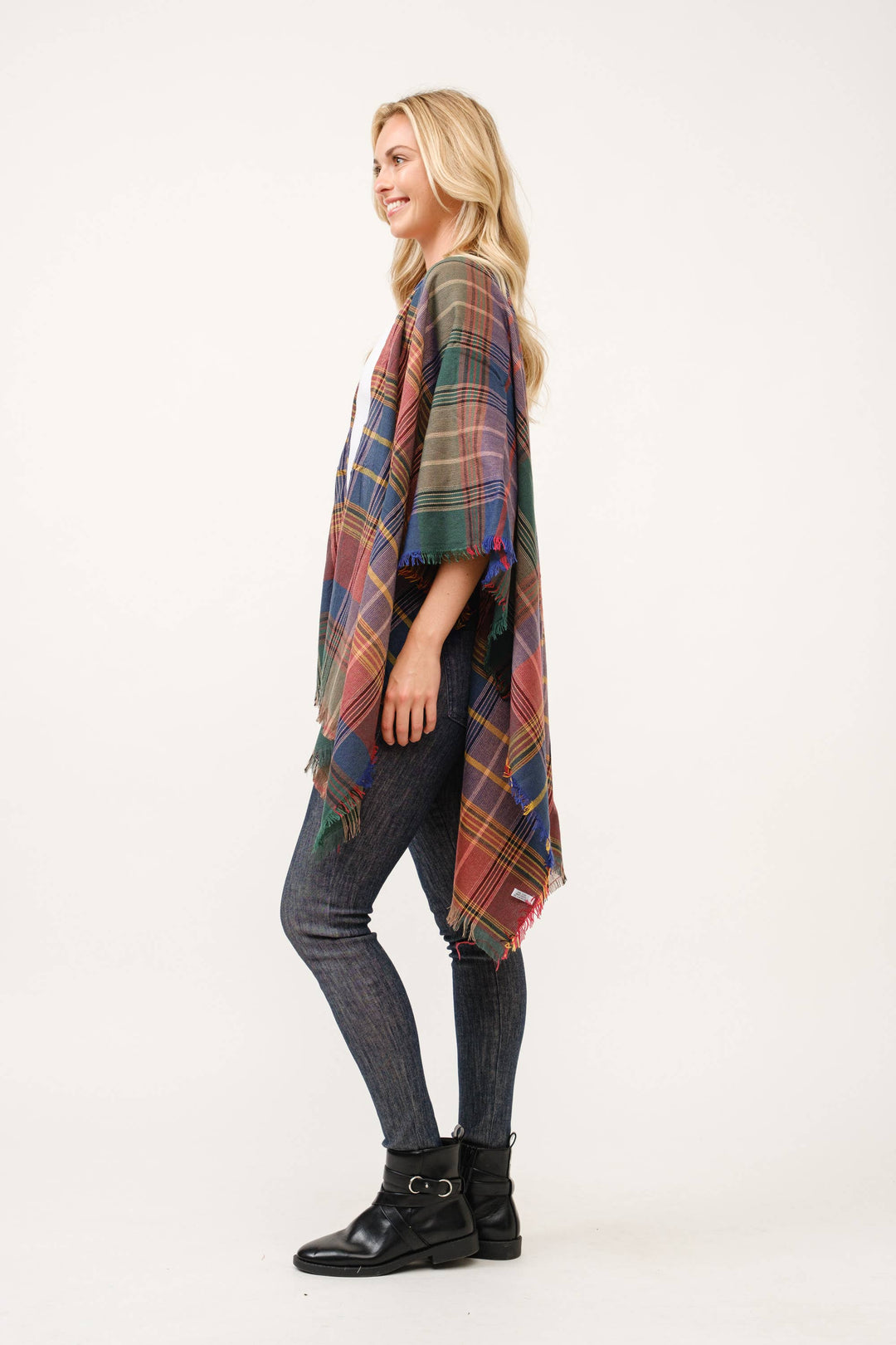Autumn Plaid Fringe Poncho Kimono Ruana