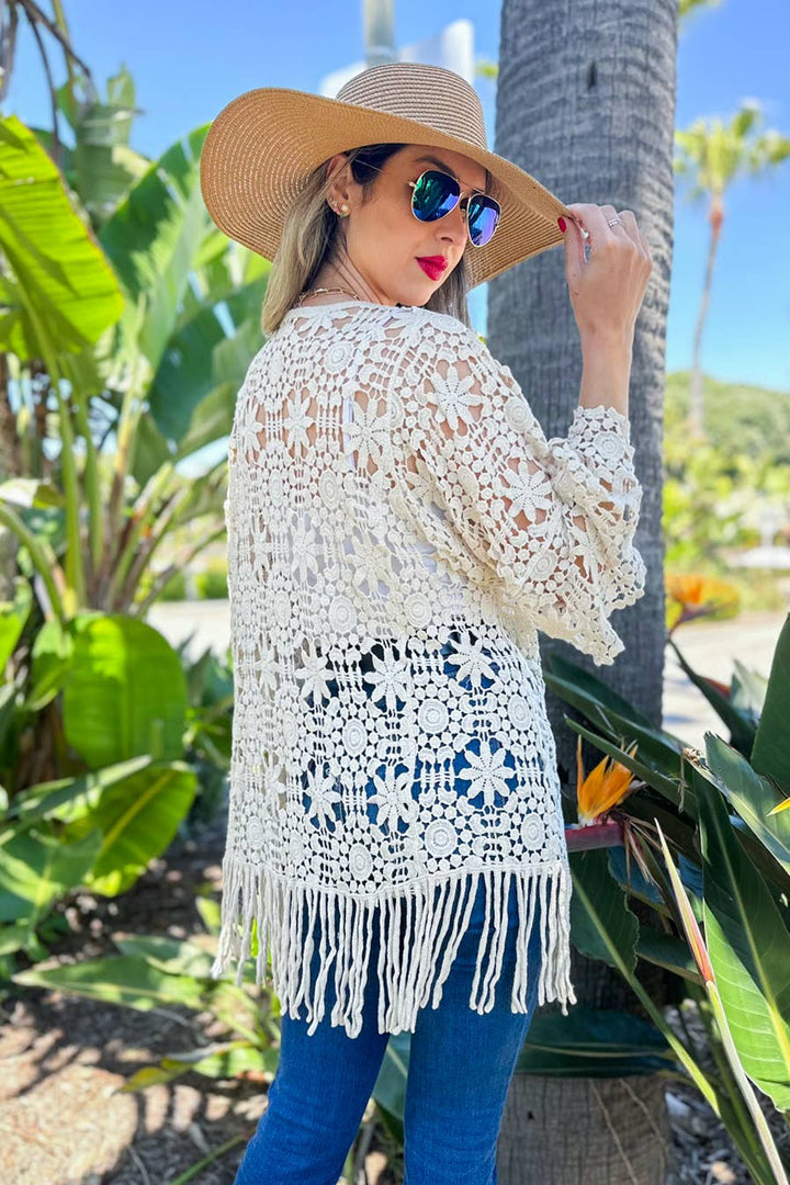 Ivory Floral Crochet Kimono