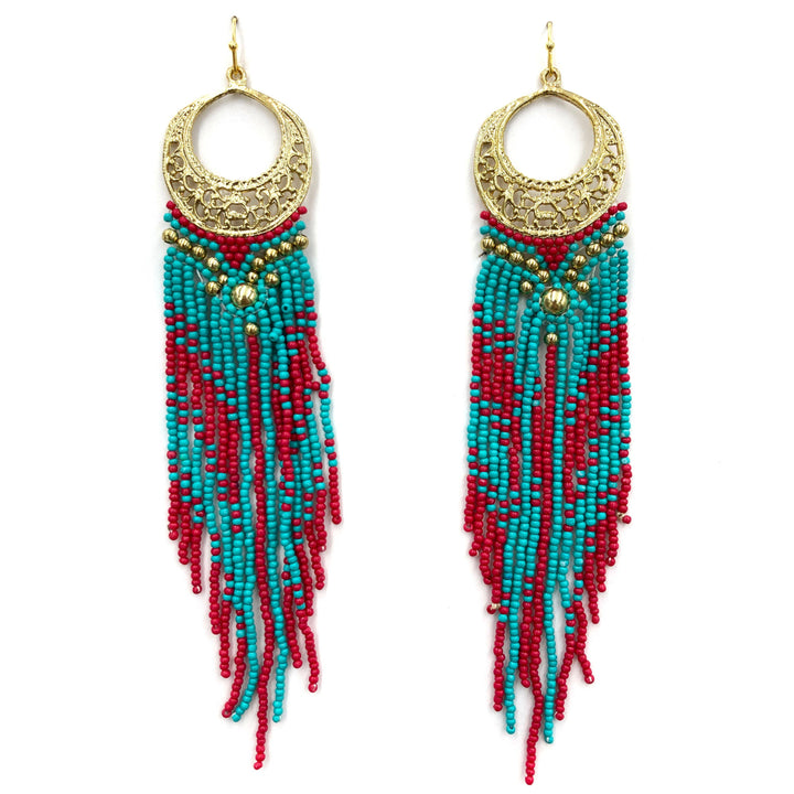 Crescent Flowers Chandelier Fringe Long Seed Bead Earrings